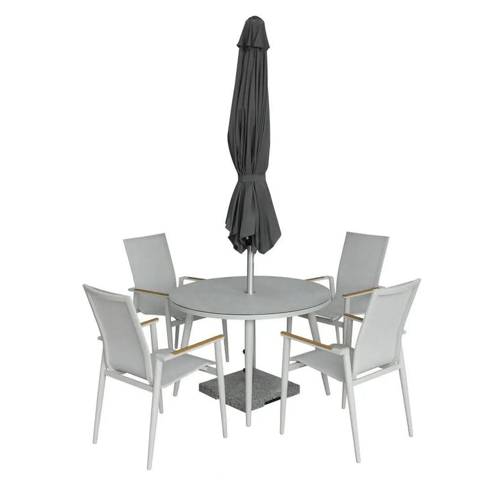 Bramblecrest Sofia Round Table with 4 Armchairs, Parasol & Base Set - Grey