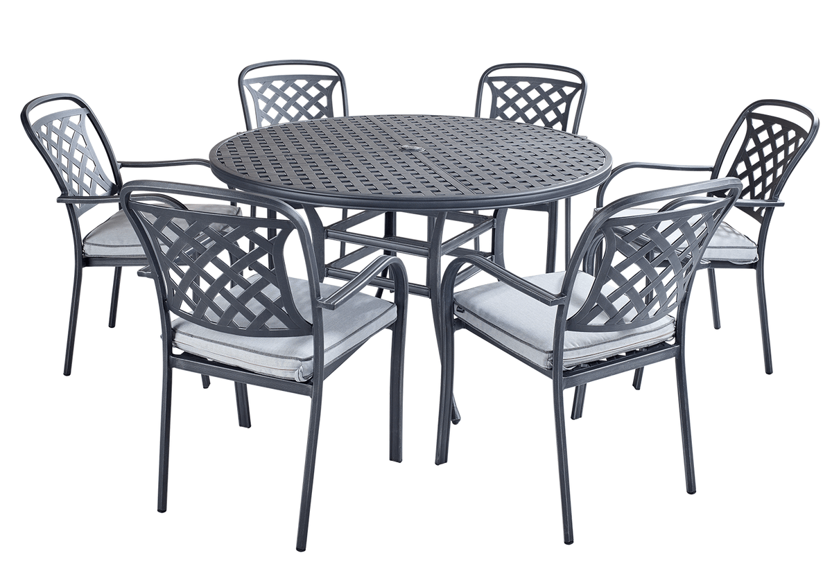 Hartman Berkeley 6 Seat Round Dining Set in Antique Grey / Platinum with base & parasol