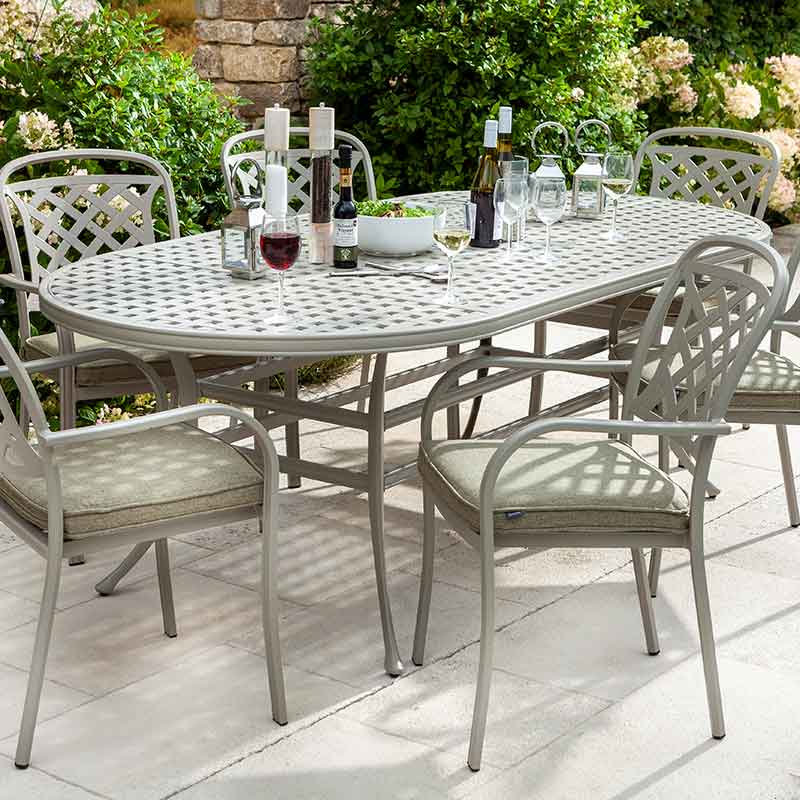 Berkeley 6 Seat Oval Outdoor Dining Set in Maize with Parasol & Base by Hartman