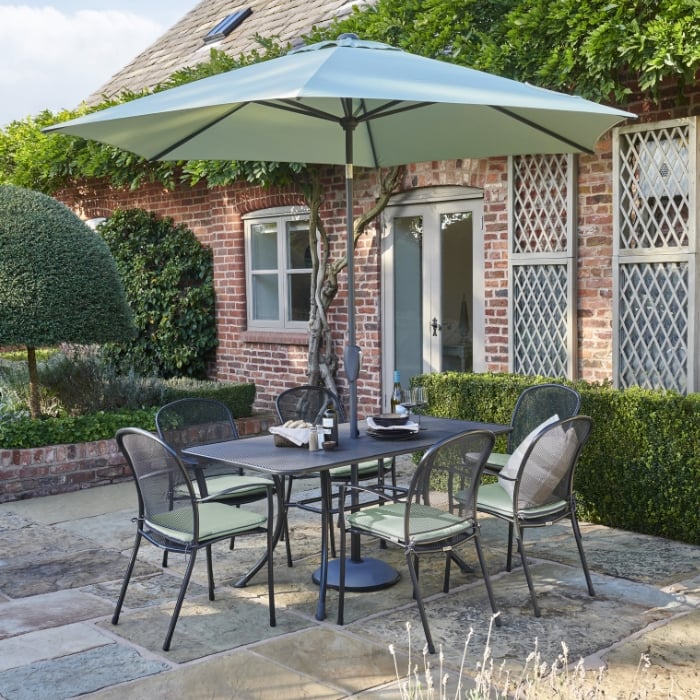 Kettler Caredo 6 Seat Complete Rectangle Dining Set inc Parasol & Cushions