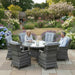 Mid Ulster Garden Centre Amalfi 6-seat round grey rattan dining set with high-back chairs on a stone patio.