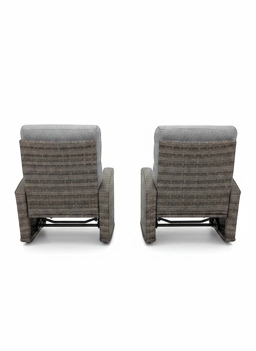 Mid Ulster Garden Centre Amalfi two-tone grey wicker recliner chairs with plush cushions, rear view.