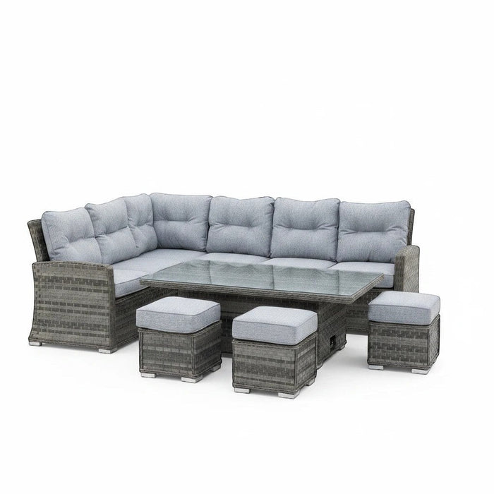 Mid Ulster Garden Centre Amalfi corner sofa set with grey synthetic rattan, plush cushions, and a rising dining table.