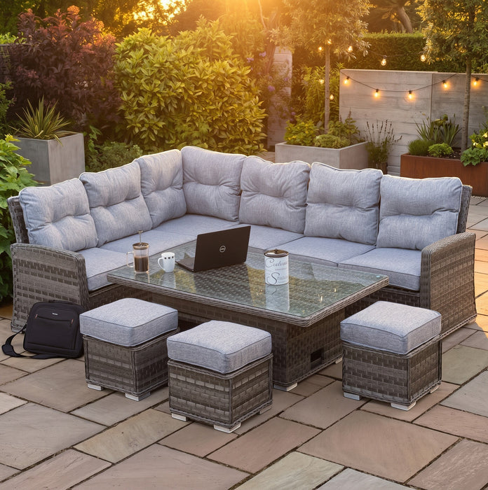 Mid Ulster Garden Centre Amalfi corner sofa set with grey synthetic rattan, plush cushions, and adjustable dining table.