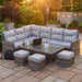 Mid Ulster Garden Centre Amalfi corner sofa set with grey synthetic rattan, plush cushions, and adjustable dining table.