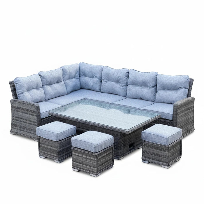 Mid Ulster Garden Centre Amalfi corner sofa set with grey synthetic rattan, blue cushions, and rising dining table.