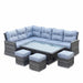 Mid Ulster Garden Centre Amalfi corner sofa set with grey synthetic rattan, blue cushions, and rising dining table.