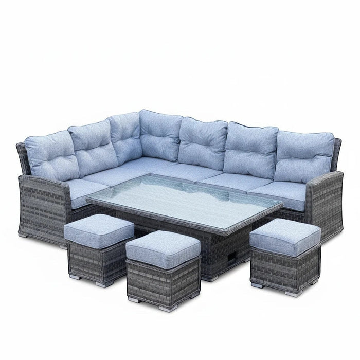 Mid Ulster Garden Centre Amalfi corner sofa set with grey synthetic rattan, blue cushions, and rising dining table.