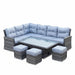 Mid Ulster Garden Centre Amalfi corner sofa set with grey synthetic rattan, blue cushions, and rising dining table.