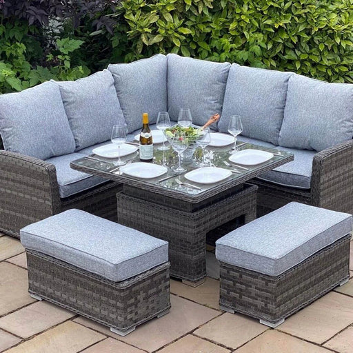 Mid Ulster Garden Centre Amalfi corner dining set with grey synthetic rattan, plush cushions, and adjustable table.
