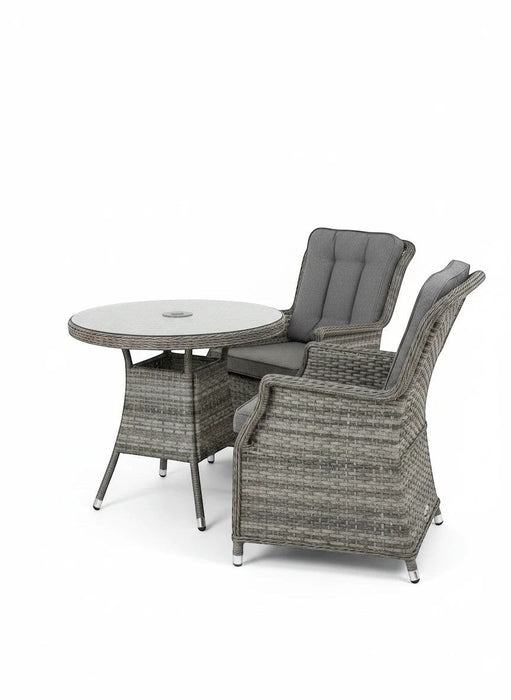 Mid Ulster Garden Centre Bali 2 seat bistro set with light brown synthetic rattan chairs and round glass top table