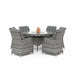 Mid Ulster Garden Centre Bali 6-seat grey synthetic rattan dining set with round glass table and comfortable cushions.