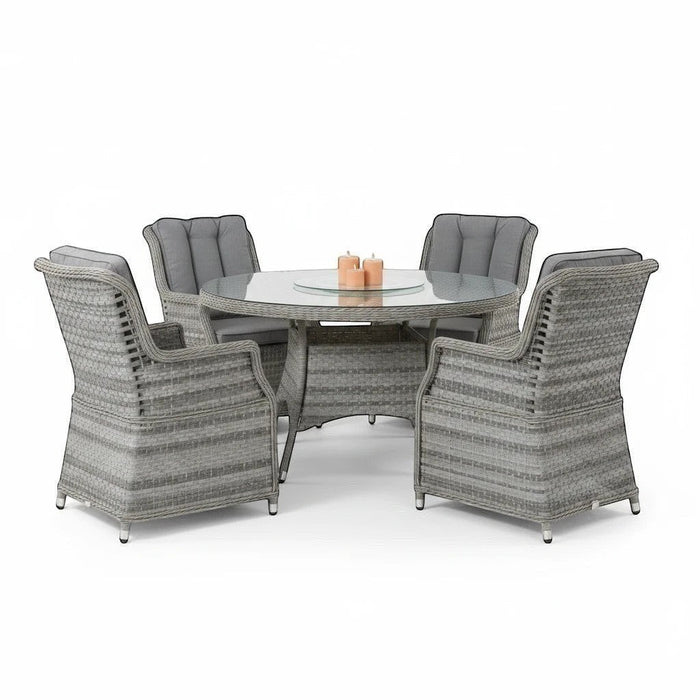 Mid Ulster Garden Centre Bali grey synthetic rattan dining set with round glass table and four high-back cushioned chairs