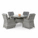Mid Ulster Garden Centre Bali grey synthetic rattan dining set with round glass table and four high-back cushioned chairs