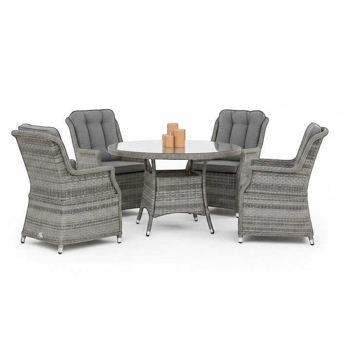 Mid Ulster Garden Centre Bali 4-seat grey synthetic rattan dining set with round glass table and cushioned high-back chairs
