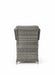 Mid Ulster Garden Centre Bali bistro chair in light brown synthetic rattan with grey cushions, back view.