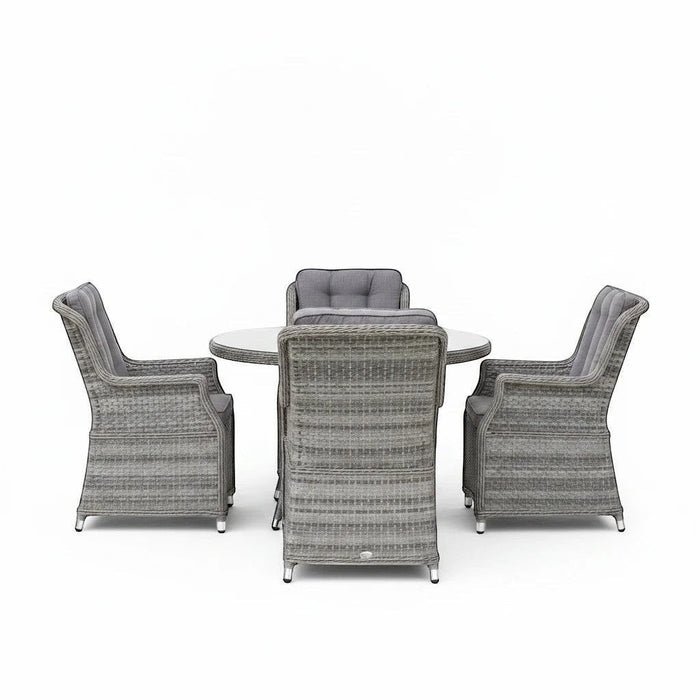 Mid Ulster Garden Centre Bali 4-seat grey synthetic rattan dining set with round glass table and cushioned chairs.