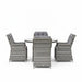 Mid Ulster Garden Centre Bali 4-seat grey synthetic rattan dining set with round glass table and cushioned chairs.