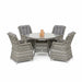 Mid Ulster Garden Centre Bali grey synthetic rattan 4-seat dining set with round glass table and cushioned chairs.