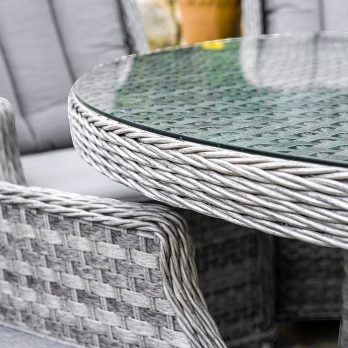 Mid Ulster Garden Centre Bali grey synthetic rattan round dining table with tempered glass top and woven texture