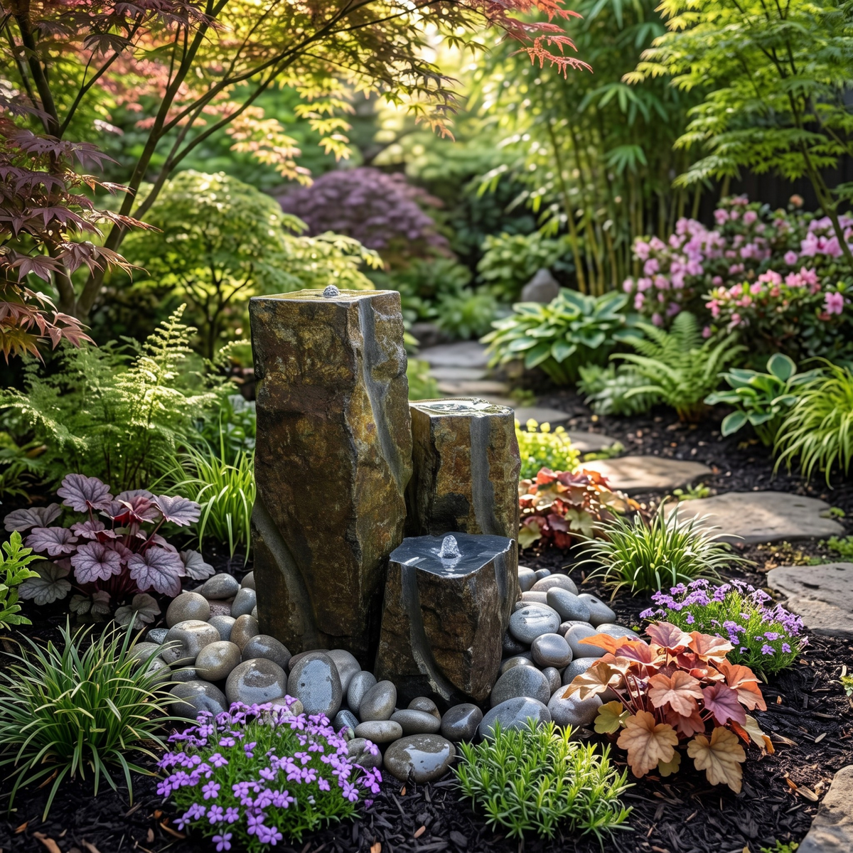 Mid Ulster Garden Centre hand carved basalt trio water feature with three stone columns in a lush garden setting.