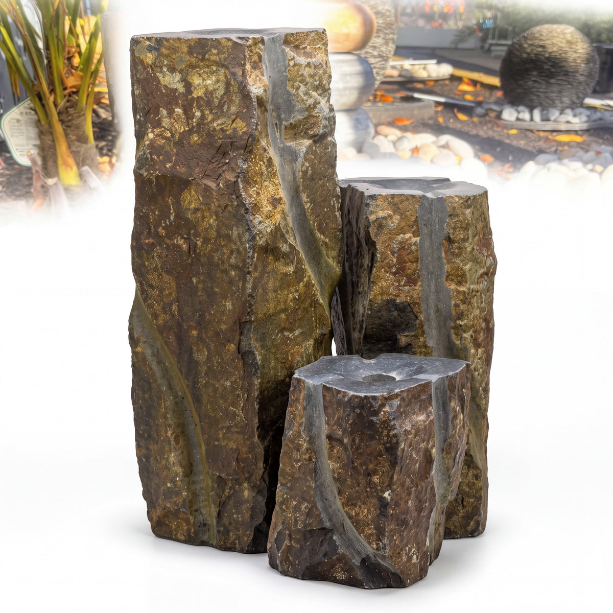 Mid Ulster Garden Centre hand carved natural basalt trio water feature with three textured stone columns