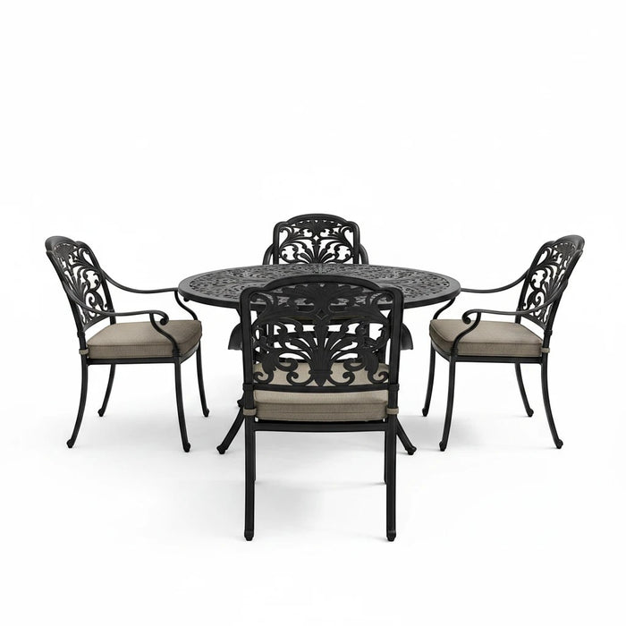 Mid Ulster Garden Centre Bramblecrest Venice 6-seater bronze cast aluminium dining set with ornate chairs and cushions