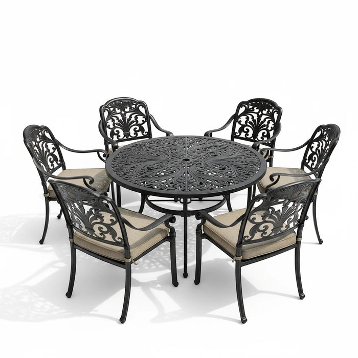 Mid Ulster Garden Centre Bramblecrest Venice 6-seater bronze cast aluminium dining set with ornate scrollwork chairs