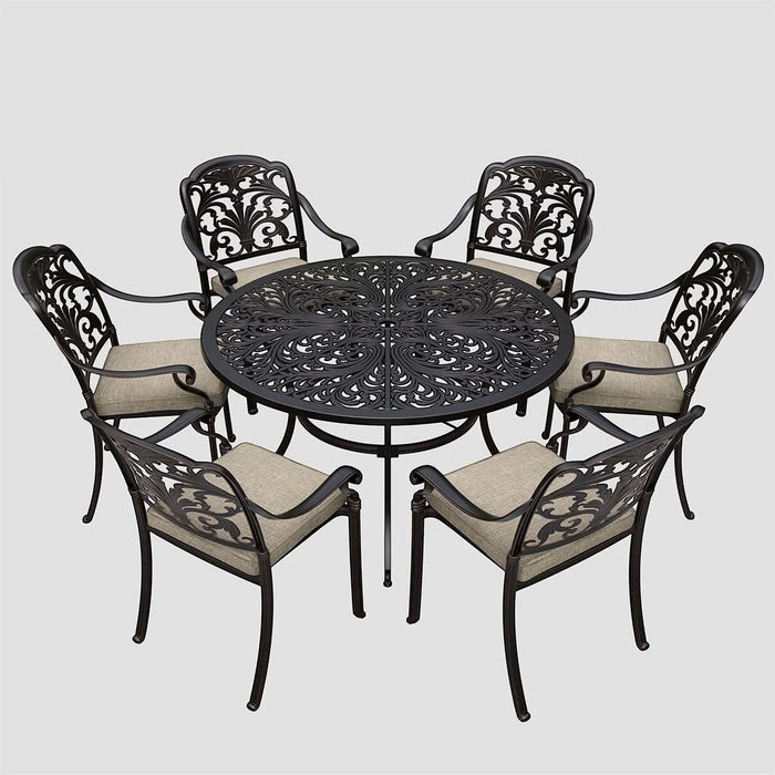 Mid Ulster Garden Centre Bramblecrest Venice 6-seater bronze cast aluminium dining set with beige cushions