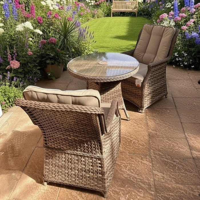 Mid Ulster Garden Centre Hampton 2 seat bistro set with light brown synthetic rattan chairs and glass top round table.