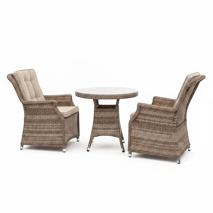 Mid Ulster Garden Centre Hampton 2 seat bistro set with light brown synthetic rattan chairs and round glass table