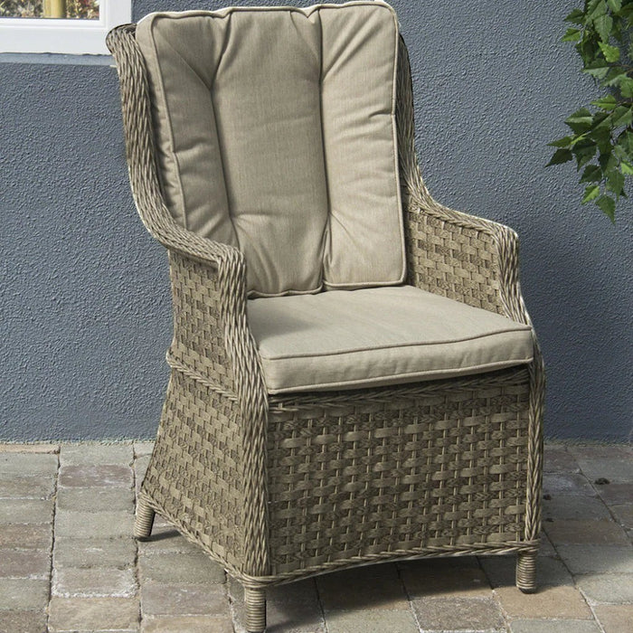 Mid Ulster Garden Centre Hampton light brown synthetic rattan armchair with beige cushions on a patio