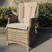 Mid Ulster Garden Centre Hampton light brown synthetic rattan armchair with beige cushions for outdoor patio use