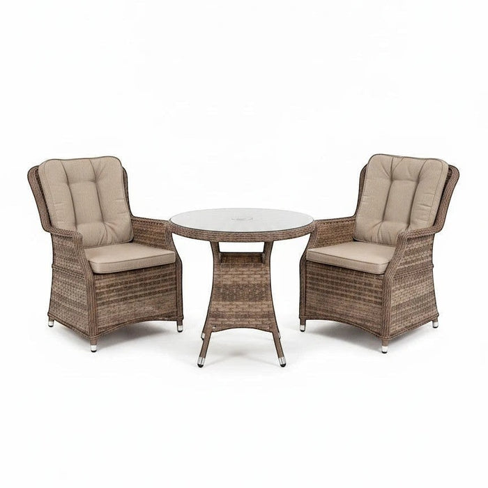 Mid Ulster Garden Centre Hampton 2 seat bistro set with light brown synthetic rattan chairs and a round glass table.