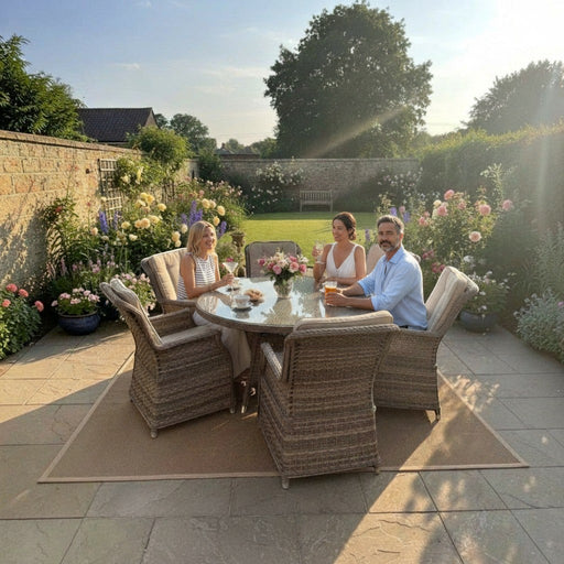Mid Ulster Garden Centre Hampton 6 seat light brown synthetic rattan dining set with round table in a garden setting