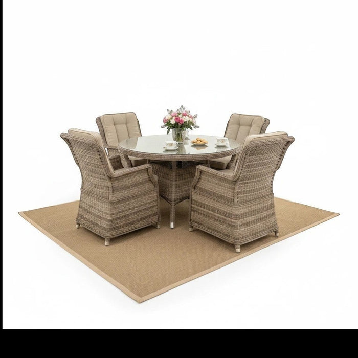 Mid Ulster Garden Centre Hampton 6-seat round rattan dining set with light brown weave and cushioned armchairs.