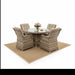 Mid Ulster Garden Centre Hampton 6-seat round rattan dining set with light brown weave and cushioned armchairs.