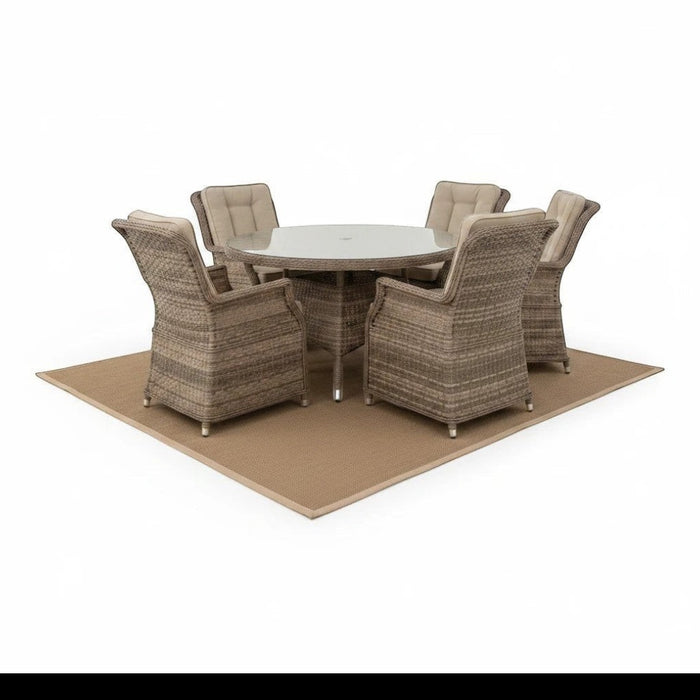 Mid Ulster Garden Centre Hampton 6-seat light brown synthetic rattan dining set with round glass-top table and cushions