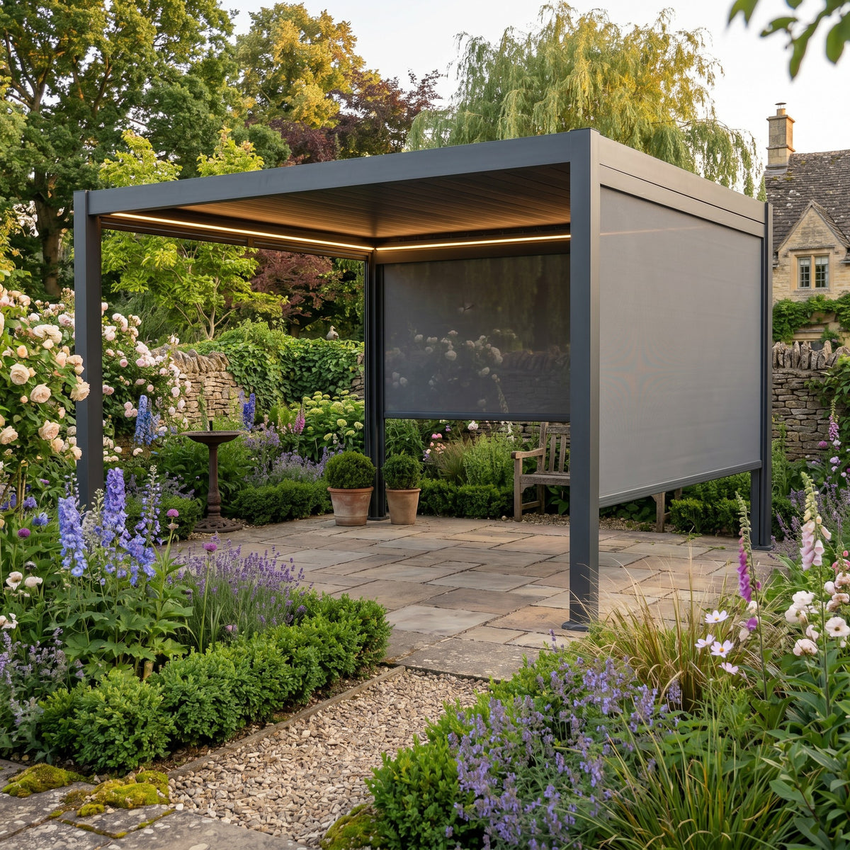 Mid Ulster Garden Centre Hartman 3m x 3m Como Pergola in Matt Xerix with louvered roof and integrated LED lighting.