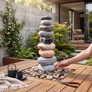 Mid Ulster Garden Centre cascading marble pebble fountain with stacked boulders on a wooden garden table