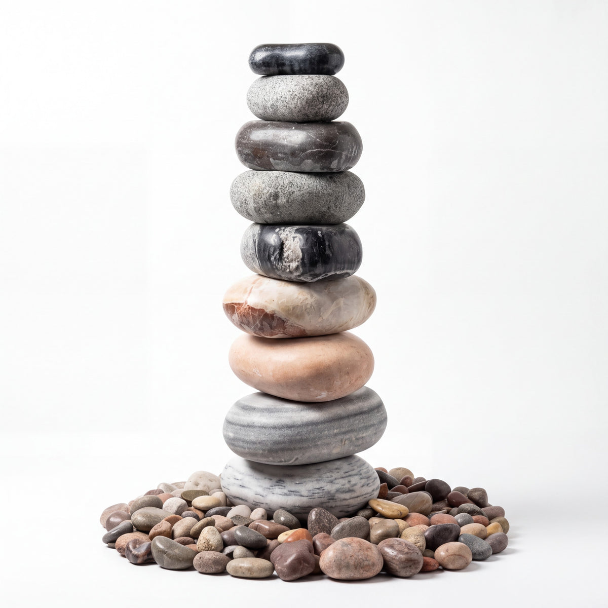 Mid Ulster Garden Centre cascading pebble fountain made of stacked polished marble boulders in grey and warm tones.
