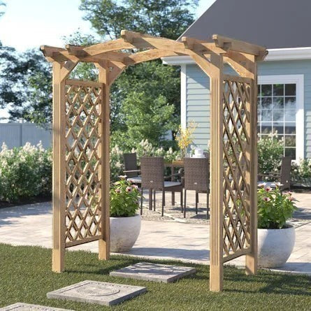 Mid Ulster Garden Centre Venus Arch garden structure with curved roof and diamond trellis sides in natural softwood