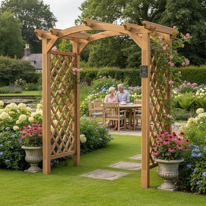 Mid Ulster Garden Centre Venus Arch wooden garden structure with diamond trellis sides in a lush, blooming garden.