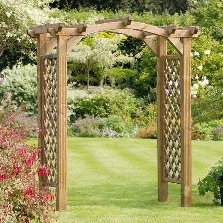 Mid Ulster Garden Centre Zest Venus Arch wooden garden arch with diamond trellis side panels in a lush green garden