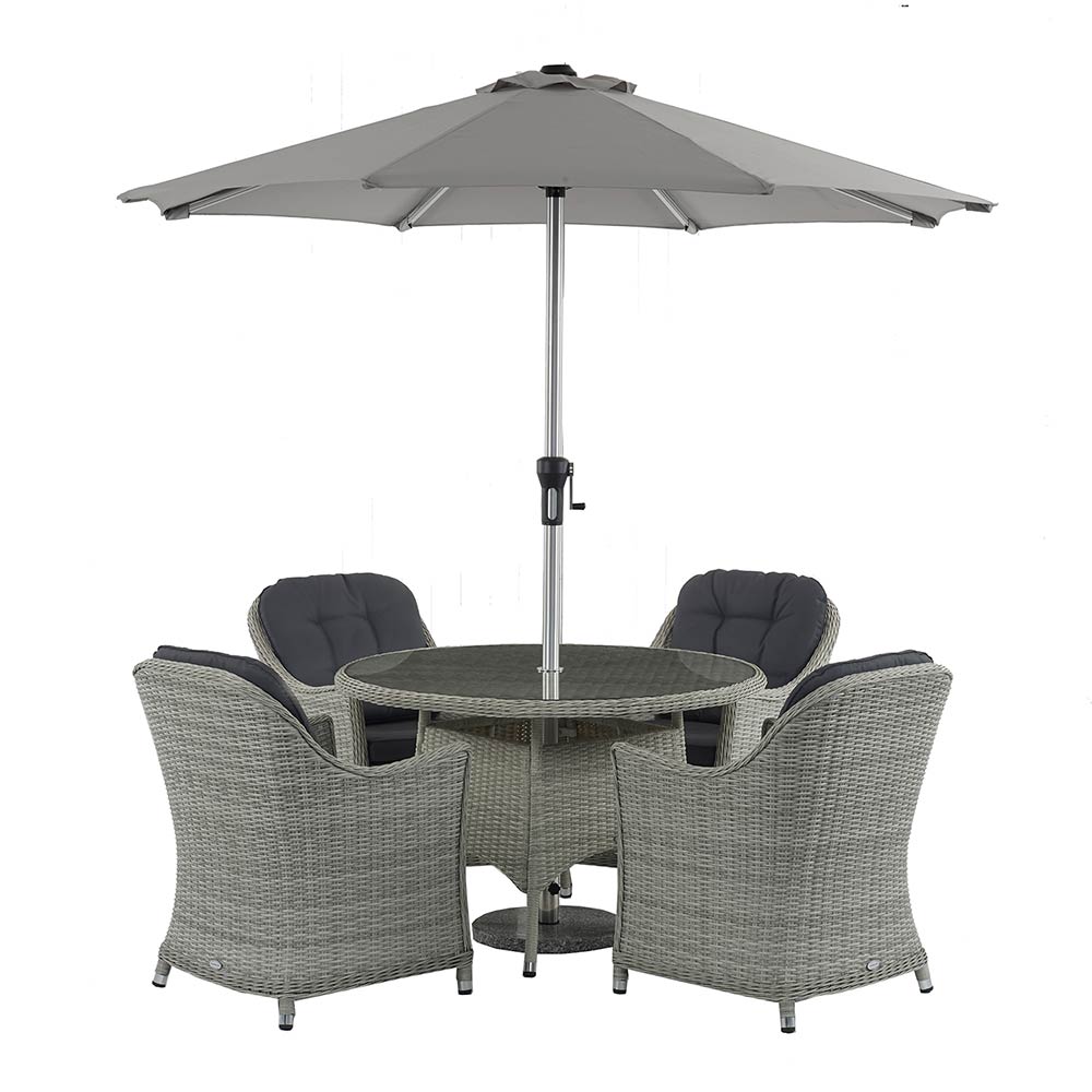 Bramblecrest Monterey Dove Grey Rattan 4 Seat Round Dining Set, Parasol & Base