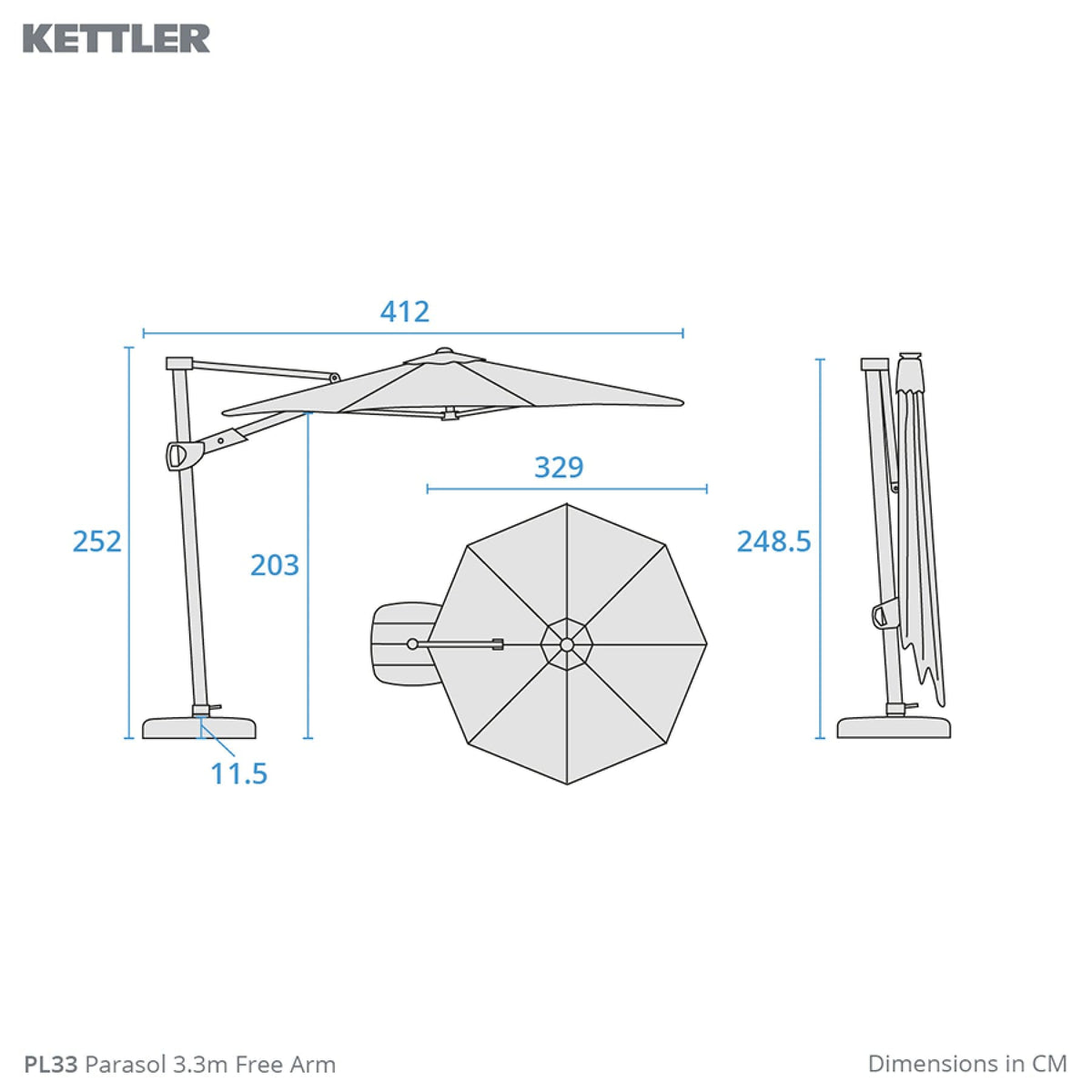 Kettler 3.3m Free Arm Parasol, LED lights & Bluetooth Speaker (2 colours)
