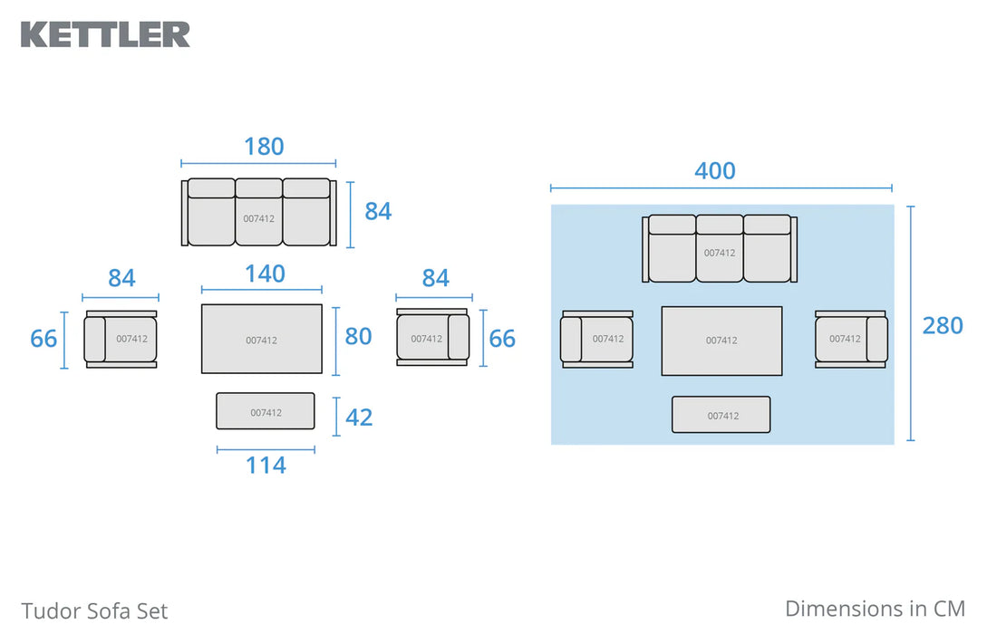 Kettler Tudor Sofa Set with 3 Seat Sofa, 2 x Reclining Chairs, Bench & Height Adjustable Table