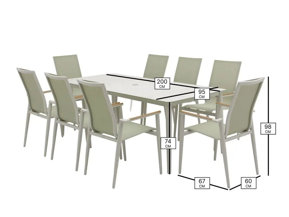 Bramblecrest Sofia Rectangle Table with 8 Armchairs, Parasol & Base Set - Green