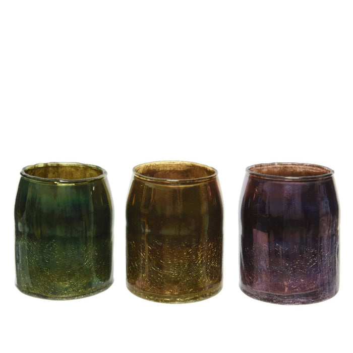 Glass Tealight Holder Trio in Lilac, Green & Gold 13cm