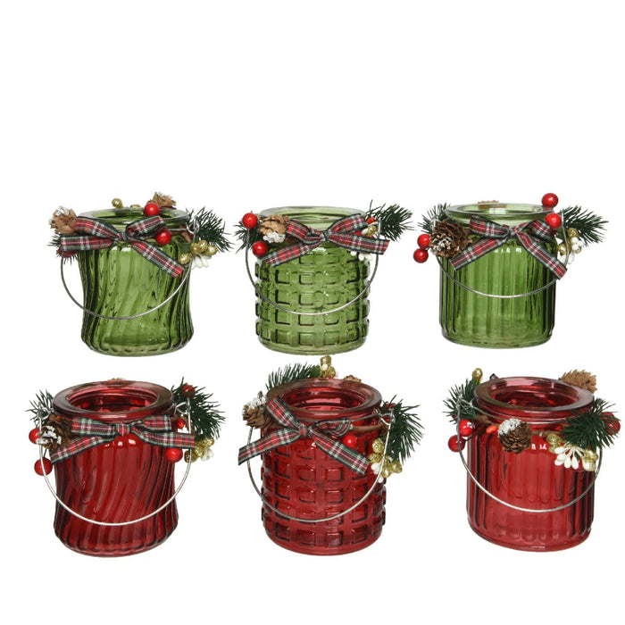 Glass Tealight Holder with Berries & Branches in Red and Green 6 Assorted